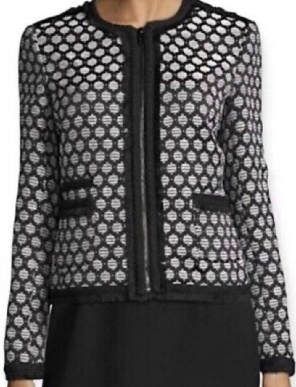 Karl Lagerfeld Paris Black White Geometric Zip Fringe Trim Blazer Jacket 8